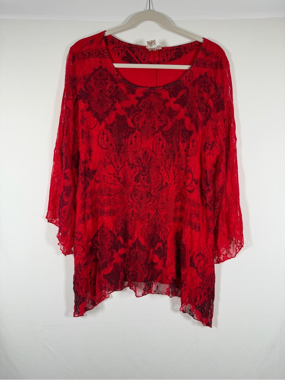 Brittany Black Red Lace-Overlay Tunic with Black Damask Accents